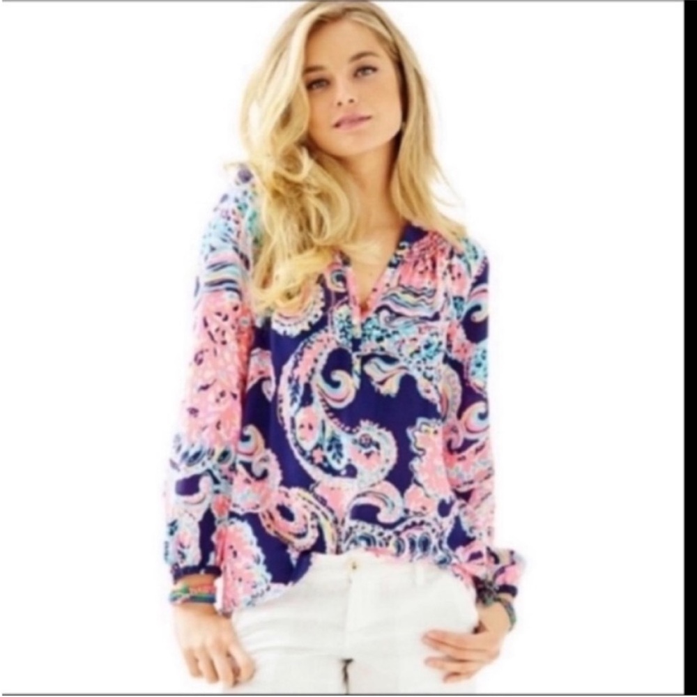 Lilly Pulitzer Elsa Pink Navy Pop Up For the Halibut Top Size XXS